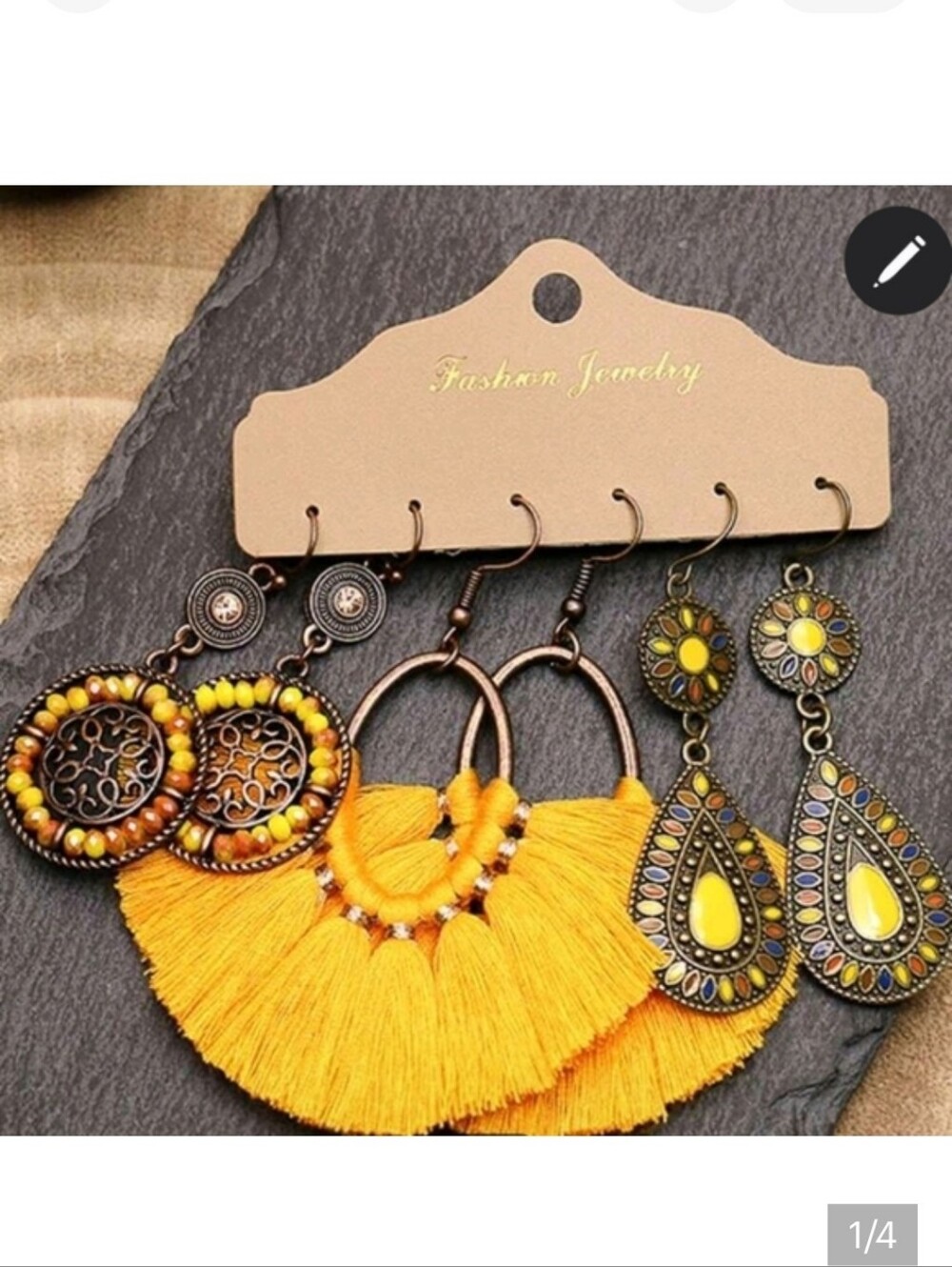 🆕️💛 3 PAIR SET SUNSHINE YELLOW BOHO EARRINGS - BRONZE-TONE 💛